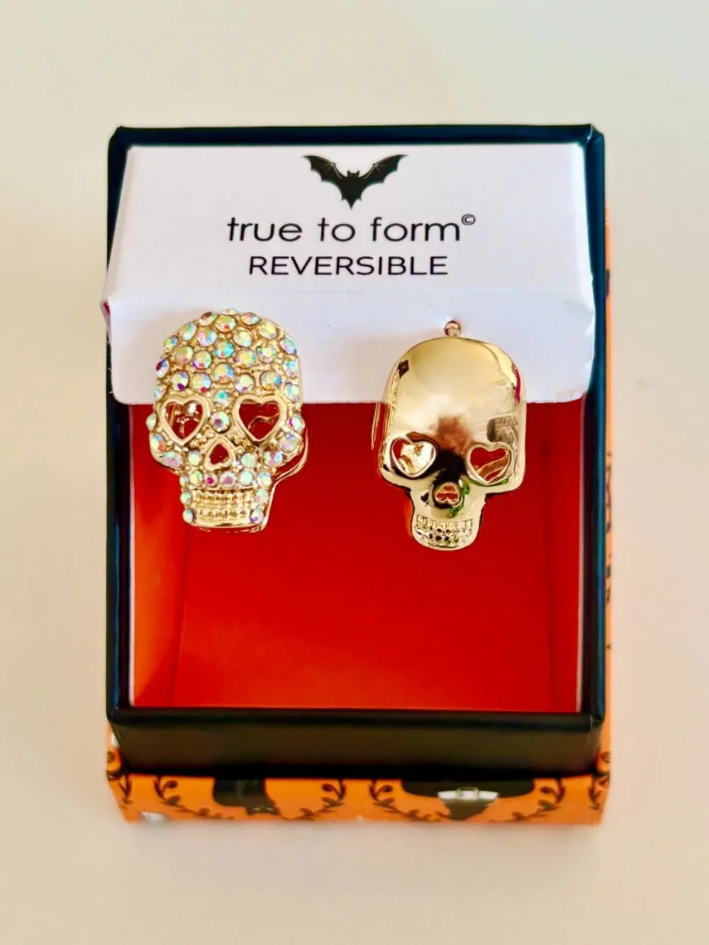 True to Form Reversible Skull Hinged Huggie Earrings Gold Tone Pave Rhinestones